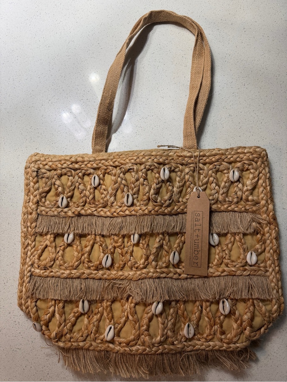 Woven Salt+Amber Seashell Tote Bag in Tan